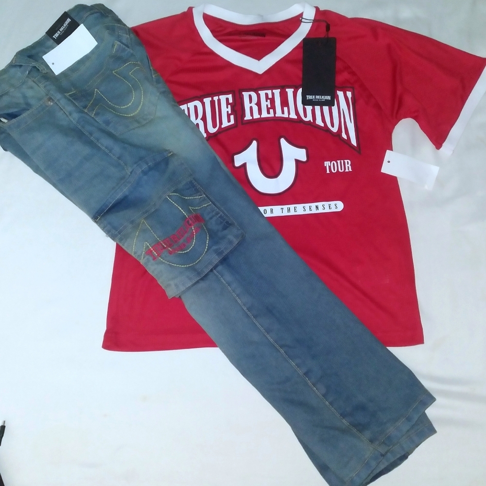 True Religion Boys Youth 2pc Cargo Jean's & Tee Set- 8y